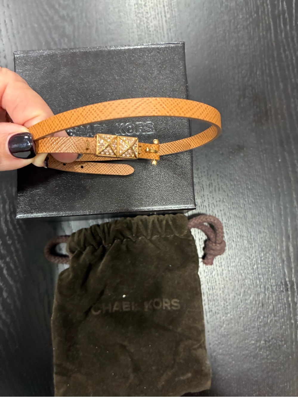 Michael Kors Tan Leather Belt with Crystal Gold-Tone Buckle